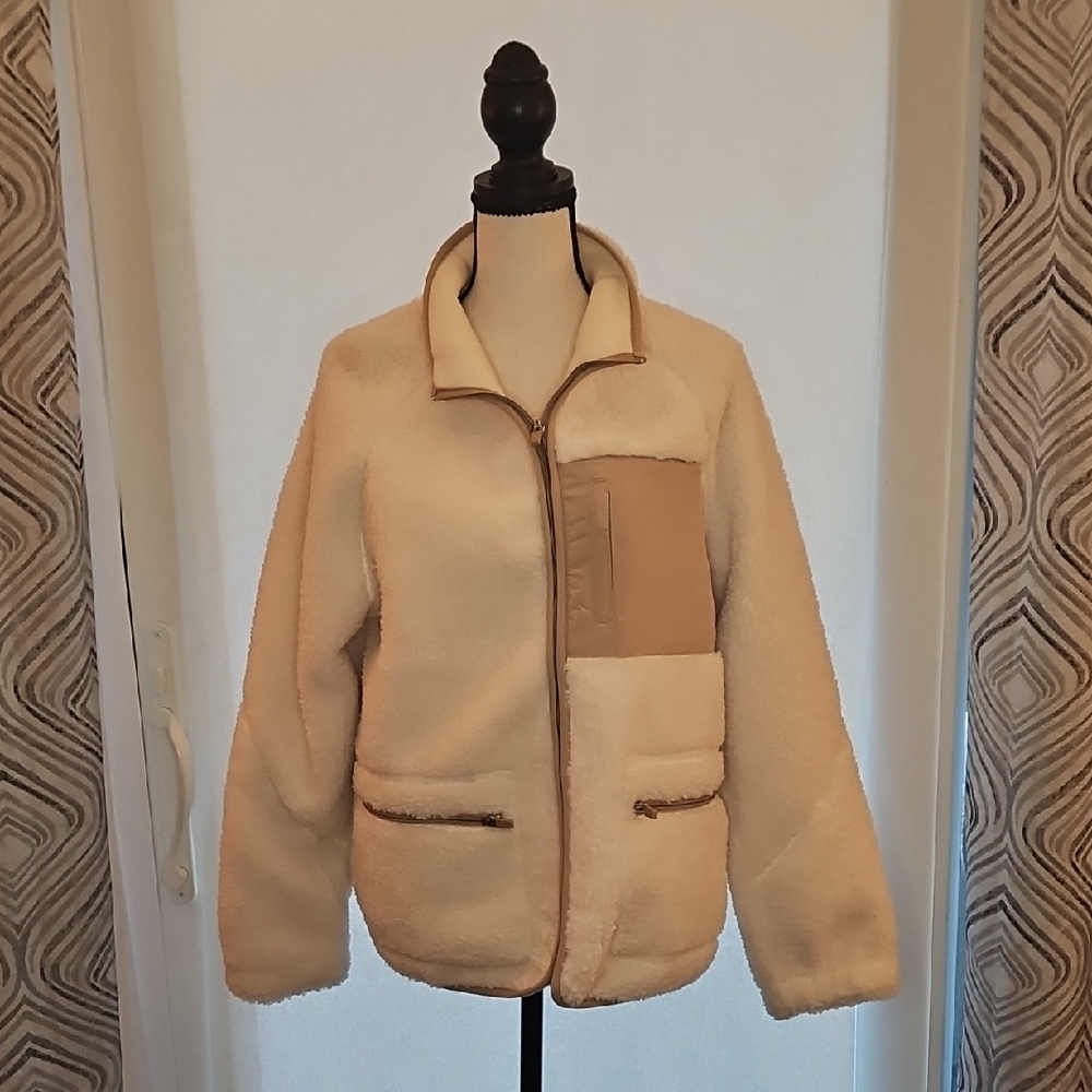 Outdoor International Med Cream and Tan Cozy Zip-Up Teddy Jacket